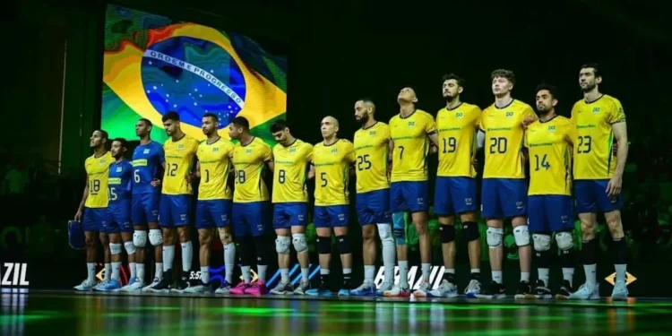 Seleção Masculina de Vôlei no hino nacional • Foto: Divulgação/ Volleyball Nations League