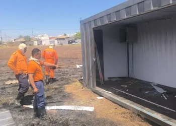 Fogo começou durante trabalho de solda em contêineres e propagou rapidamente em área verde – Foto divulgação DCM