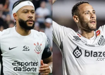 Memphis Depay e Neymar voltaram a criticar o uso de grama sintética nos estádios brasileiros  • Renan Melo/MyPhoto Press/Gazeta Press; Raul Baretta / Santos FC