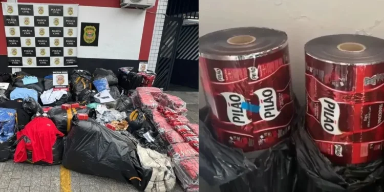 Polícia Civil apreende 275 kg de café Pilão falsificado e 2,5 mil peças de roupas contrafeitas em Osasco; dois homens foram presos em flagrante • Reprodução/PCSP