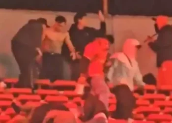 Briga generalizada entre torcedores de Independiente e Universidad de Chile • Reprodução/X/@davellaneda77