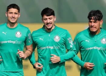 Emi Martínez, Piquerez e Gustavo Gómez em treino do Palmeiras • Foto: Cesar Greco/Palmeiras/by Canon