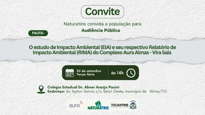 Evento será realizado às 14 horas, no Colégio Estadual Dr. Abner Araújo Pacini, localizado na Avenida Ayrton Senna, s/n, Setor Oeste - Naturatins/Governo do Tocantins