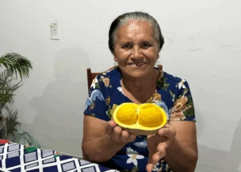 Presidente Aldenora Martins dos Santos apresentando o fruto do pequi.