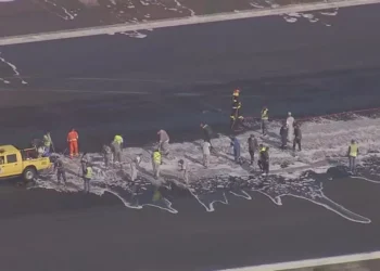 Funcionários do Santos Dumont trabalhavam na limpeza da pista por volta das 8h20 desta teça (30) — Foto: Reprodução / TV Globo