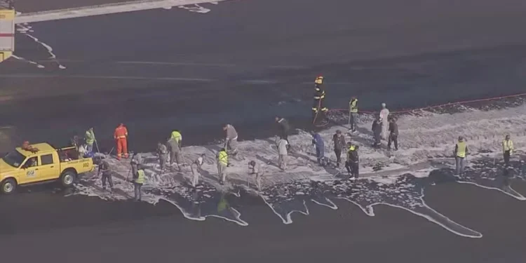 Funcionários do Santos Dumont trabalhavam na limpeza da pista por volta das 8h20 desta teça (30) — Foto: Reprodução / TV Globo