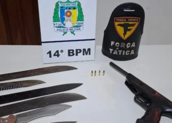 Arma de fogo caseira, municiada e pronta para uso, foi apreendida na residência. - Foto: ASCOM 14 BPM