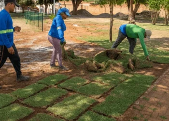 Equipe inicia colocação de placas de grama em função da revitalização da Praça do Circo, em Taquaruçu – Foto Divulgação