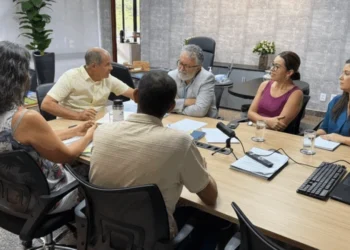 Representantes da Semarh e da Prefeitura de Couto Magalhães durante reunião na Semarh. - Foto: Foto: Washington Luiz/Governo do Tocantins