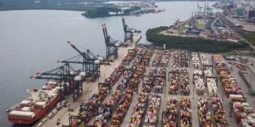 O projeto envolve uma área de 621,975 mil metros quadrados na região do cais do Saboó, à margem direita do Porto de Santos — Foto: Vosmar Rosa/MPor