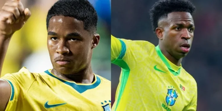 Os atacantes Endrick e Vinícius Júnior, da Seleção Brasileira
