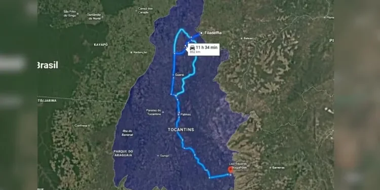Homem percorreu quase todo o estado do Tocantins de sul a norte após o crime — Foto: Reprodução/Google Maps