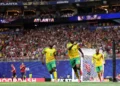 ATLANTA, GEORGIA - JUNE 18: Teboho Mokoena #4 of South Africa celebrates after scoring a penalty for his team's first goal during the FIFA World Cup 2026 Group A match between Czechia and South Africa at Atlanta Stadium on June 18, 2026 in Atlanta, Georgia. (Photo by Michael Regan - FIFA/FIFA via Getty Images)