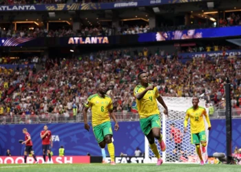 ATLANTA, GEORGIA - JUNE 18: Teboho Mokoena #4 of South Africa celebrates after scoring a penalty for his team's first goal during the FIFA World Cup 2026 Group A match between Czechia and South Africa at Atlanta Stadium on June 18, 2026 in Atlanta, Georgia. (Photo by Michael Regan - FIFA/FIFA via Getty Images)