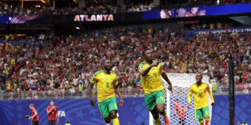 ATLANTA, GEORGIA - JUNE 18: Teboho Mokoena #4 of South Africa celebrates after scoring a penalty for his team's first goal during the FIFA World Cup 2026 Group A match between Czechia and South Africa at Atlanta Stadium on June 18, 2026 in Atlanta, Georgia. (Photo by Michael Regan - FIFA/FIFA via Getty Images)